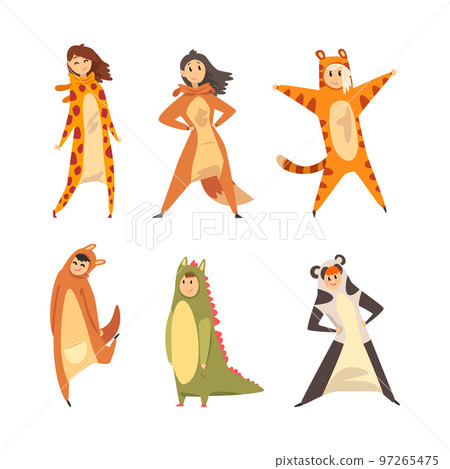 Man and Woman Dressed in Onesie Representing Various Animal Vector Set 97265475