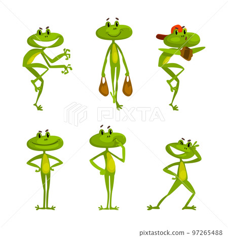Funny Green Frog with Protruding Eyes Carrying Shopping Bag and Playing Baseball Vector Set 97265488
