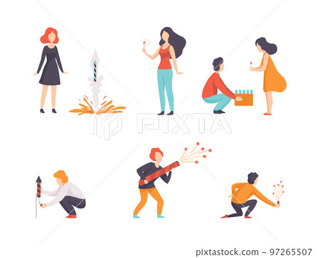 People Characters Launching and Watching Explosion of Fireworks and Firecracker Vector Set 97265507