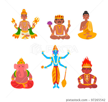 Indian Gods and Deity with Vishnu, Shiva, Brahma, Ganesha and Sitting Buddha Vector Set 97265542