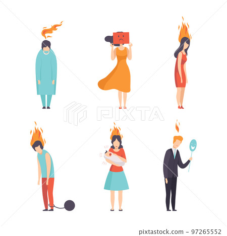 Burn out Stressed Man and Woman Feeling Fatigue and Exhaustion Vector Set Burn out Stressed Man and Woman Feeling Fatigue and Exhaustion Vector Set 97265552