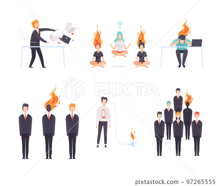 Burn out Stressed Man and Woman Feeling Fatigue and Exhaustion Vector Set 97265555