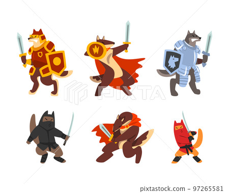 Warlike Animal Characters Fighting with Sword and Saber Wearing Cloak and Holding Shield Vector Set 97265581