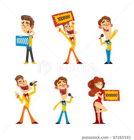 Lottery Show with Man Host with Microphone, Spinning Roulette Wheel and Check Vector Set 97265591