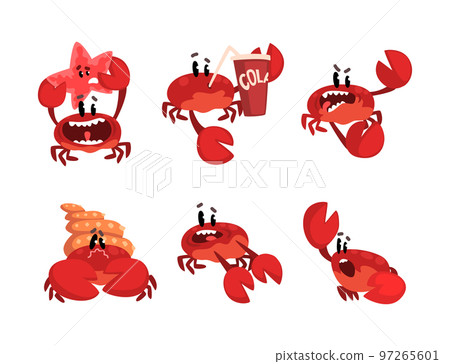 Funny Red Crab Aquatic Creature with Pincers with Different Emotion Vector Set Funny Red Crab Aquatic Creature with Pincers with Different Emotion Vector Set 97265601