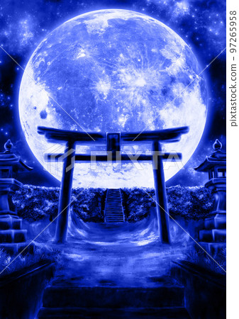 Blue illustration of big moon and torii gate 97265958
