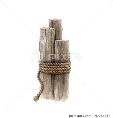 Wooden bollard watercolor illustration. Hand drawn vintage style pier bollard with a rope element. Shore, coast marine nautical safety element. Isolated on white background Wooden bollard watercolor illustration. Hand drawn vintage style pier bollard with a rope element. Shore, coast marine nautical safety element. Isolated on white background 97266317