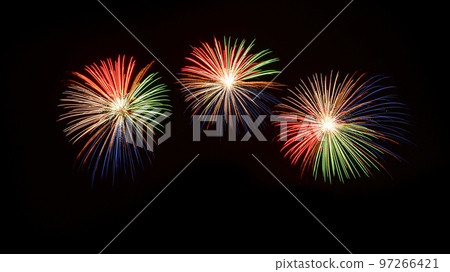 Isolated on black sky background. Isolated firework ready to use for decoration in any photograph ,poster, backdrop to celebrate the festival, Christmas,  New year and any events. 97266421