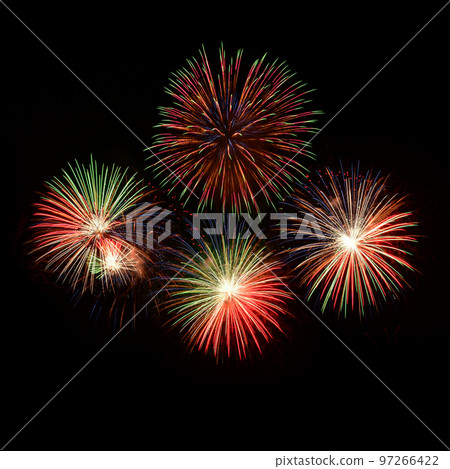 Isolated on black sky background. Isolated firework ready to use for decoration in any photograph ,poster, backdrop to celebrate the festival, Christmas,  New year and any events. 97266422