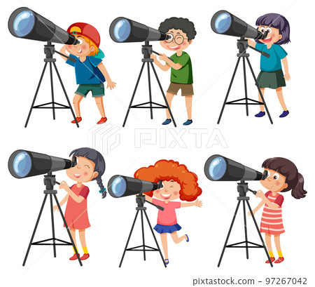 Set of different of kids using telescopes 97267042