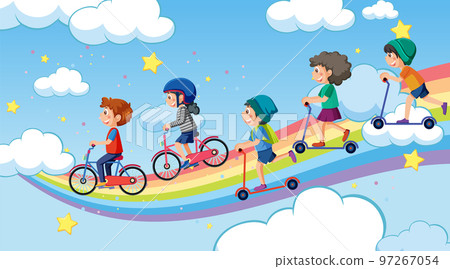 Children playing on rainbow in the sky Children playing on rainbow in the sky 97267054