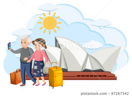 Elderly couple standing in front of Sydney Opera House 97267342
