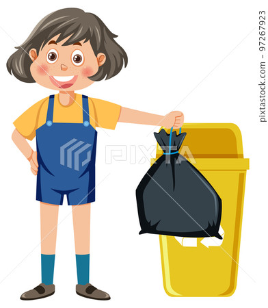 A girl holding trash bag with yellow bin 97267923