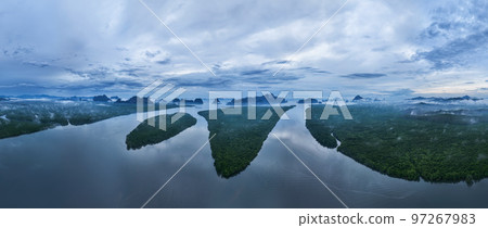 Aerial view drone shot of panorama abundant rainforest mangrove forest trees landscape nature mountains view Aerial view drone shot of panorama abundant rainforest mangrove forest trees landscape nature mountains view 97267983