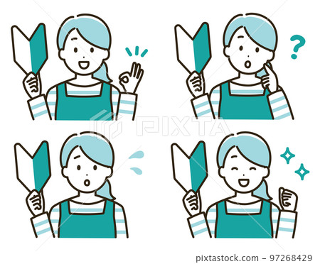 Illustration set of expression variation of a housewife in an apron with a beginner mark (Wakaba mark) (light blue version) 97268429