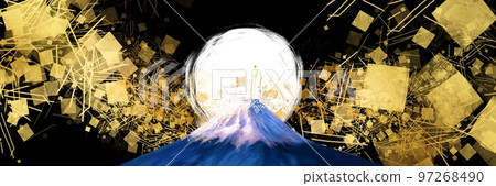 Single-stroke full moon, beautiful Mt. Fuji, gold leaf, gold dust, Japanese painting style background with dancing sand Wide size illustration and black background 97268490