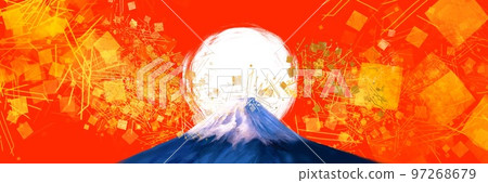 The first sunrise of the new year, beautiful Mt. Fuji, gold leaf, gold powder, and dust fluttering Japanese style background wide size illustration and red background The first sunrise of the new year, beautiful Mt. Fuji, gold leaf, gold powder, and dust fluttering Japanese style background wide size illustration and red background 97268679