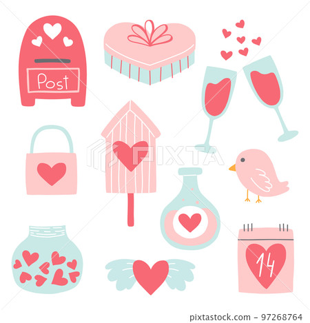 Set of valentines day elements. Collection of gift, bird, heart, calendar, mailbox. Vector illustration in a flat hand drawn style. 97268764