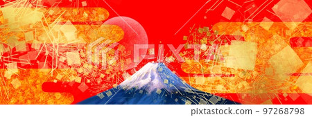 美麗的白雪皚皚的富士山,金色的霧氣,金箔,金粉,日本畫風格的背景,舞動的沙子 寬幅插圖和朱紅色背景 美麗的白雪皚皚的富士山,金色的霧氣,金箔,金粉,日本畫風格的背景,舞動的沙子 寬幅插圖和朱紅色背景 97268798