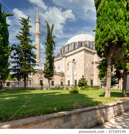 Ottoman imperial Yavuz Sultan Selim Mosque, framed by green trees, in Cukurbostan at the 5th Hill of Istanbul, Turkey 97269146