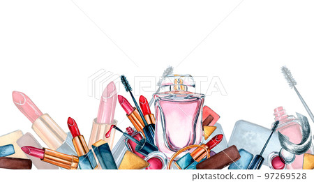 Banner of makeup cosmetics watercolor isolated on white. Banner of makeup cosmetics watercolor isolated on white. 97269528