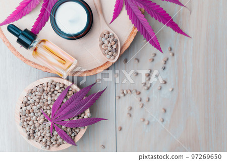 Legalized cannabis for skincare product features with set of CBD oil bottles. Legalized cannabis for skincare product features with set of CBD oil bottles. 97269650