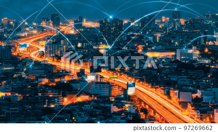 Smart digital city with connection network reciprocity over the cityscape 97269662