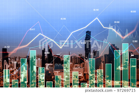 Financial graphs and modernistic cityscape as background for business concept. Financial graphs and modernistic cityscape as background for business concept. 97269715