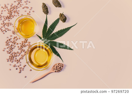 Flat ray top view image of marijuana set feature with CBD oil and dehydrated bud 97269720