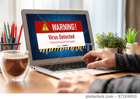 Virus warning alert on computer screen detected modish cyber threat 97269950