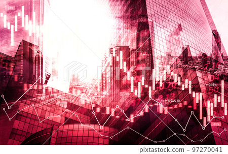 Declined economic, graph falling down overlaps modernistic city. Declined economic, graph falling down overlaps modernistic city. 97270041