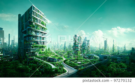 Spectacular city covered with green trees and plant. Digital art 3D illustration 97270132