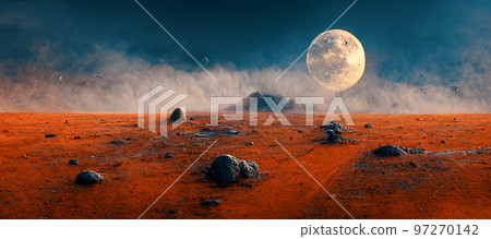 Spectacular panoramic view of Mars landscape digital art 3D illustration. 97270142