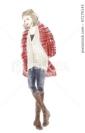 Illustration of a woman in boots wearing a red check stole 97270143