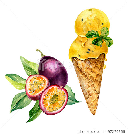 Passion fruit and ice cream in waffle cone watercolor illustration isolated on white background. 97270266