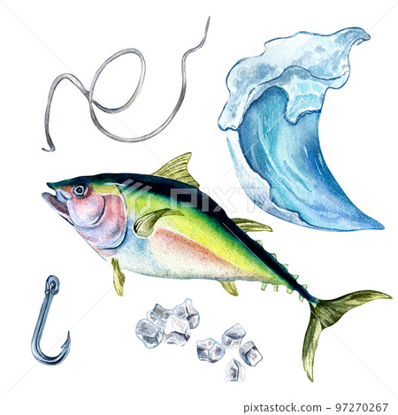 Set of tuna and sea wave watercolor illustration isolated on white background. Set of tuna and sea wave watercolor illustration isolated on white background. 97270267