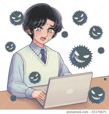 電腦感染病毒的學生插畫少女漫畫風格 97270675
