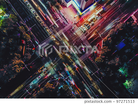 Night modern urban city cars traffic overhead view Night modern urban city cars traffic overhead view 97271513