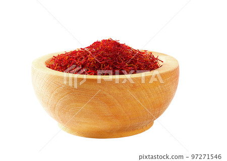 saffron thread in the wooden bowl isolated on white background. 97271546