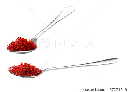 metal spoon with dried saffron spice isolated on white background. 97271549