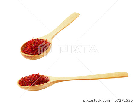 wooden spoon with dried saffron spice isolated on white background. 97271550