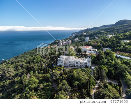 Aerial View of Livadia Palace - located on the shores of the Black Sea in the village of Livadia in the Yalta region of Crimea. Livadia Palace was a summer retreat of the last Russian tsar Nicholas II Aerial View of Livadia Palace - located on the shores of the Black Sea in the village of Livadia in the Yalta region of Crimea. Livadia Palace was a summer retreat of the last Russian tsar Nicholas II 97271603