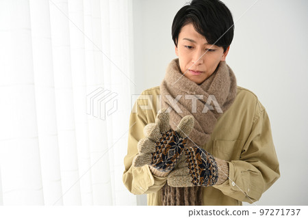 A young man wearing a scarf and gloves 97271737