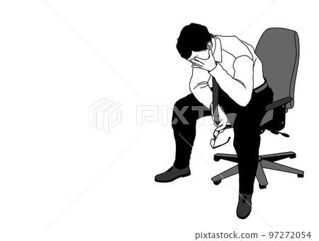 一個沮喪的男人坐在椅子上,摘下眼鏡,描繪了一個疲憊的辦公室職員。 一個沮喪的男人坐在椅子上,摘下眼鏡,描繪了一個疲憊的辦公室職員。 97272054