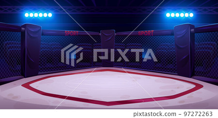 Empty illuminated boxing ring with ropes Empty illuminated boxing ring with ropes 97272263