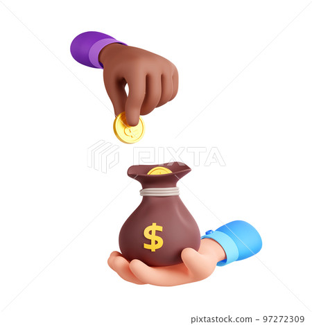 3d render black hand put coin into sack on palm 3d render black hand put coin into sack on palm 97272309