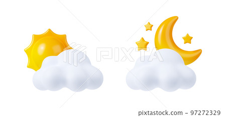 3d render weather icons , sun, crescent, clouds 3d render weather icons , sun, crescent, clouds 97272329