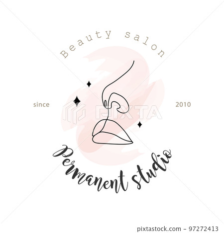 Permanent studio logo. Lip makeup procedure. Tattoo salon. Linear female lips with pink watercolor splash. Abstract minimalistic woman portrait. Modern vector illustration Permanent studio logo. Lip makeup procedure. Tattoo salon. Linear female lips with pink watercolor splash. Abstract minimalistic woman portrait. Modern vector illustration 97272413
