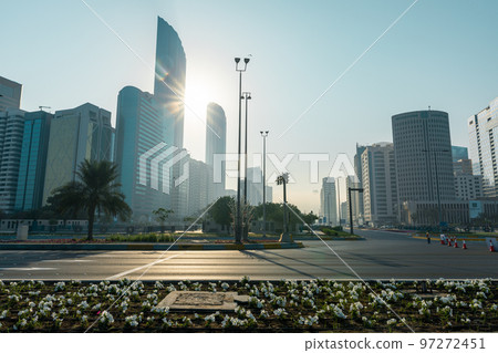 Abu Dhabi Skyline from Corniche. Abu Dhabi, Modern Skyscrapers and Landmark. Promenade in Abu Dhabi. United Arab Emirates, Middle East. Abu Dhabi Skyline from Corniche. Abu Dhabi, Modern Skyscrapers and Landmark. Promenade in Abu Dhabi. United Arab Emirates, Middle East. 97272451