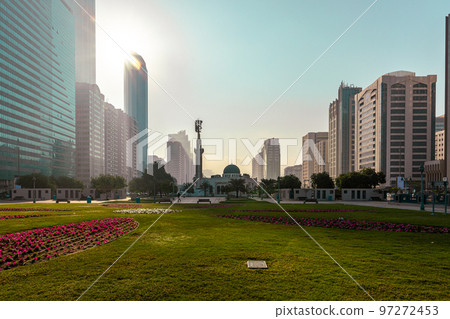 Abu Dhabi Skyline from Corniche. Abu Dhabi, Modern Skyscrapers and Landmark. Promenade in Abu Dhabi. United Arab Emirates, Middle East.  97272453